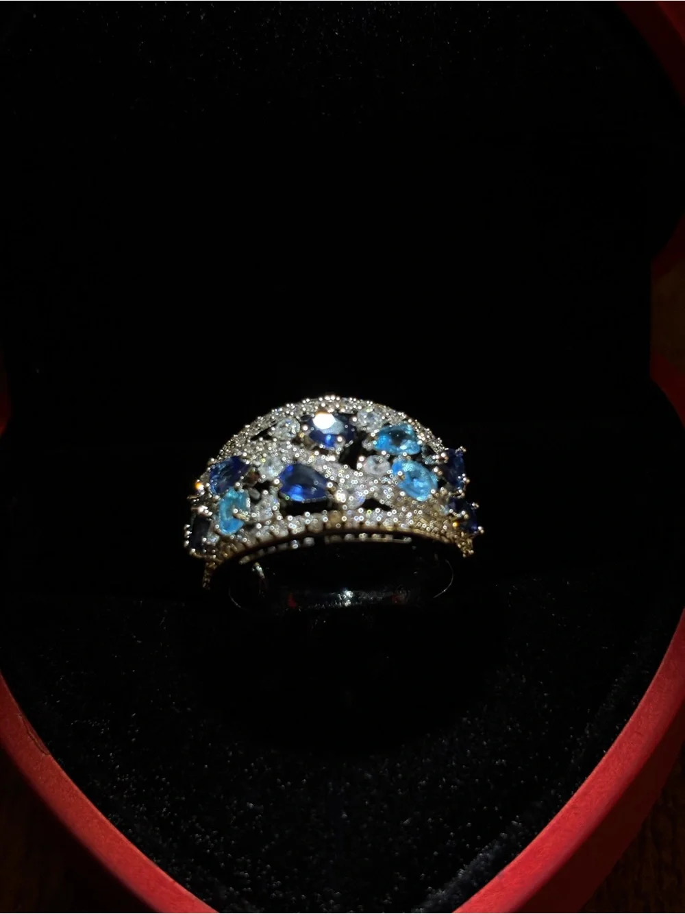 Silver Band Ring with Blue Gemstones and Clear Accents